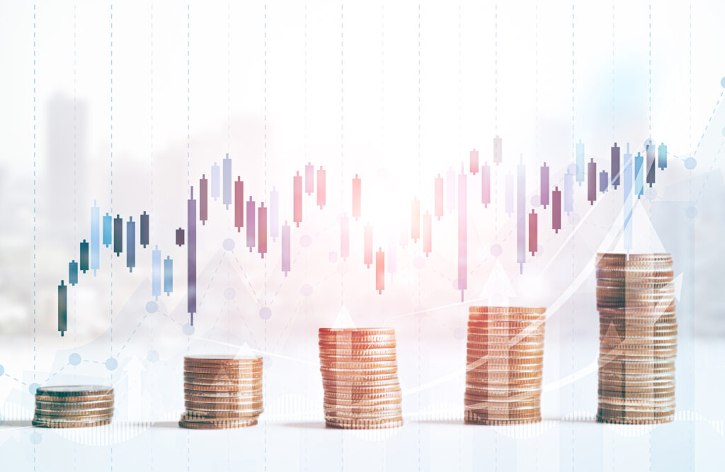 Stacked coins with white blue candlestick bar chart graph cityscape background. Business stock market forex economic trading financial investment concept. Abstract economy trend and signal of finance.